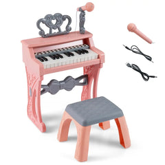 Mini Keyboard Piano for Kids 25 Keys Electric Piano with Stool for Toddlers 3+ Years Old-Pink - Pink - Pianos &