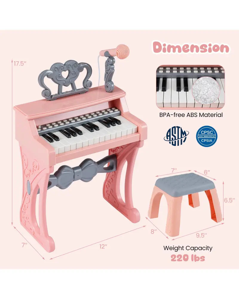 Mini Keyboard Piano for Kids 25 Keys Electric Piano with Stool for Toddlers 3+ Years Old-Pink - Pink - Pianos &
