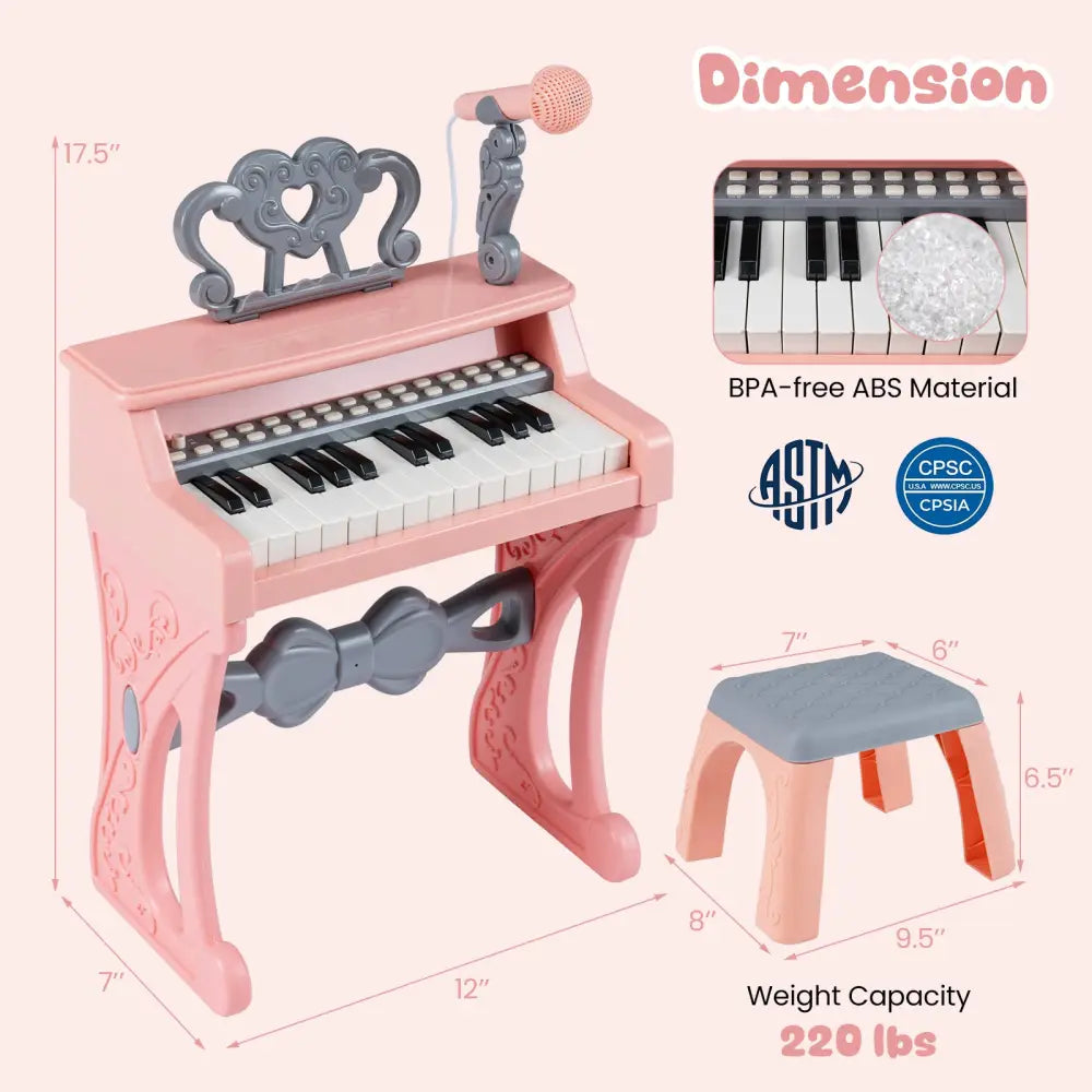 Mini Keyboard Piano for Kids 25 Keys Electric Piano with Stool for Toddlers 3+ Years Old-Pink - Pink - Pianos &