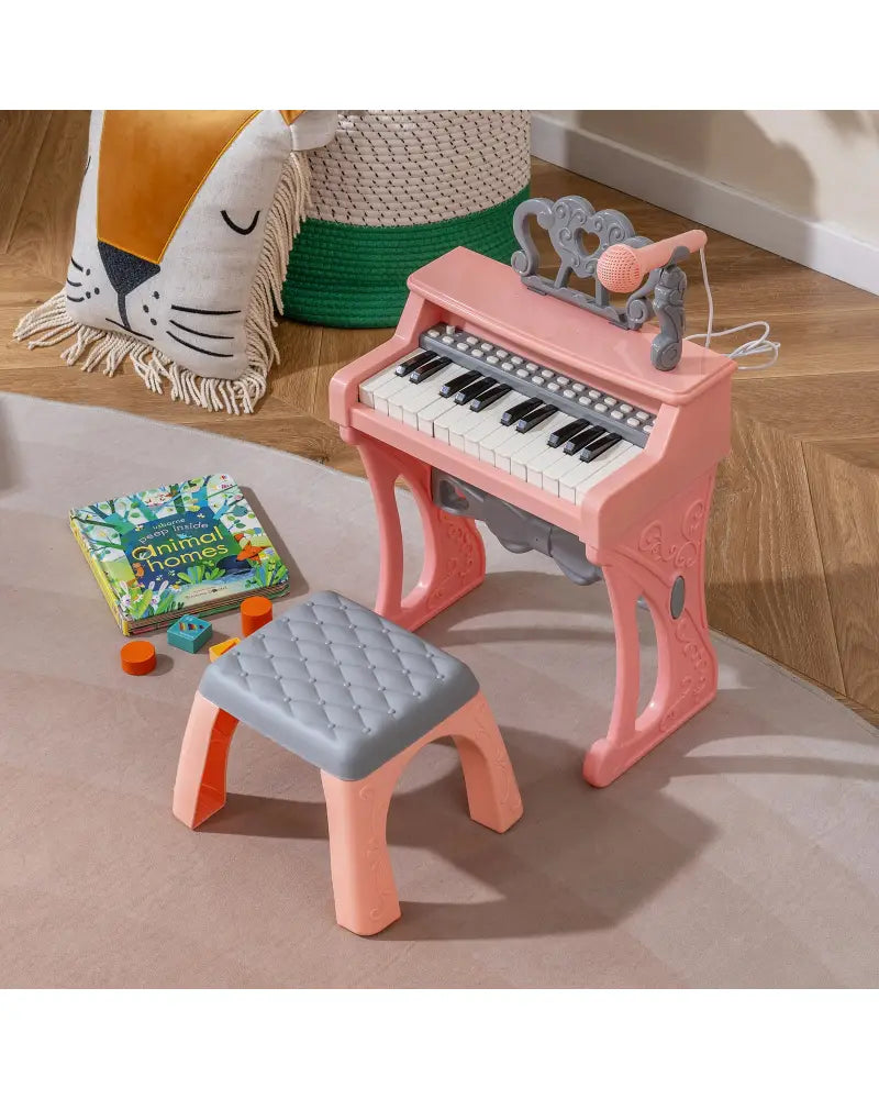 Mini Keyboard Piano for Kids 25 Keys Electric Piano with Stool for Toddlers 3+ Years Old-Pink - Pink - Pianos &