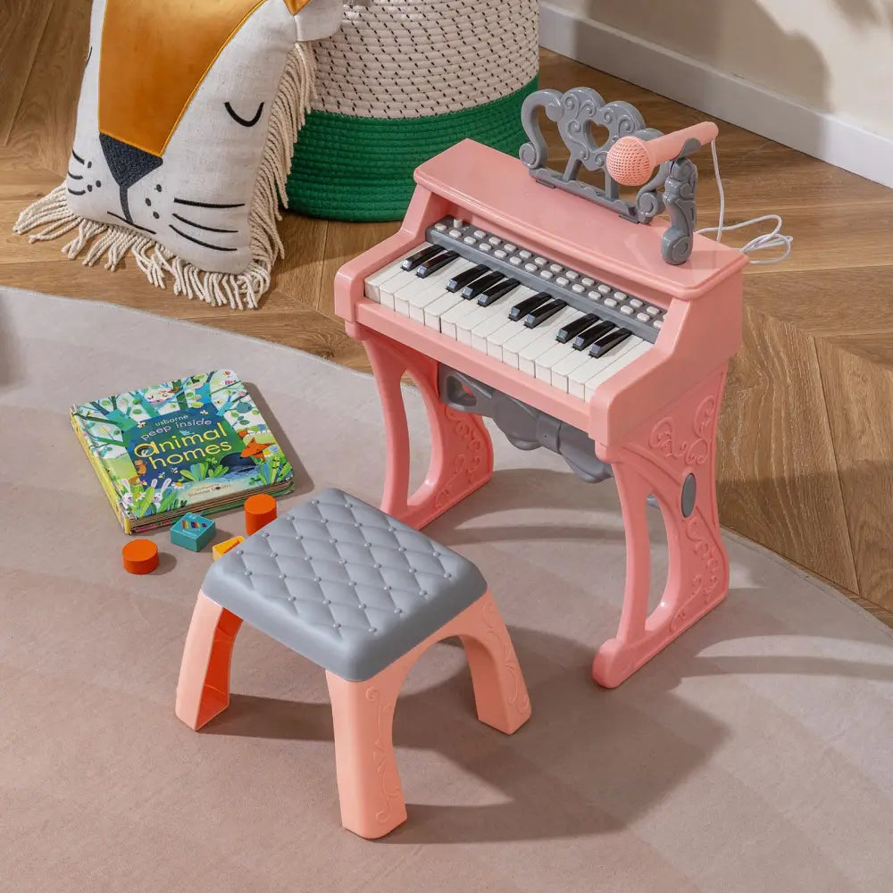 Mini Keyboard Piano for Kids 25 Keys Electric Piano with Stool for Toddlers 3+ Years Old-Pink - Pink - Pianos &