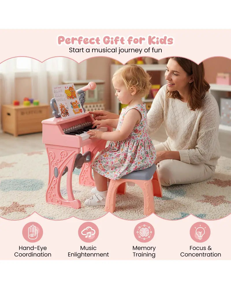 Mini Keyboard Piano for Kids 25 Keys Electric Piano with Stool for Toddlers 3+ Years Old-Pink - Pink - Pianos &