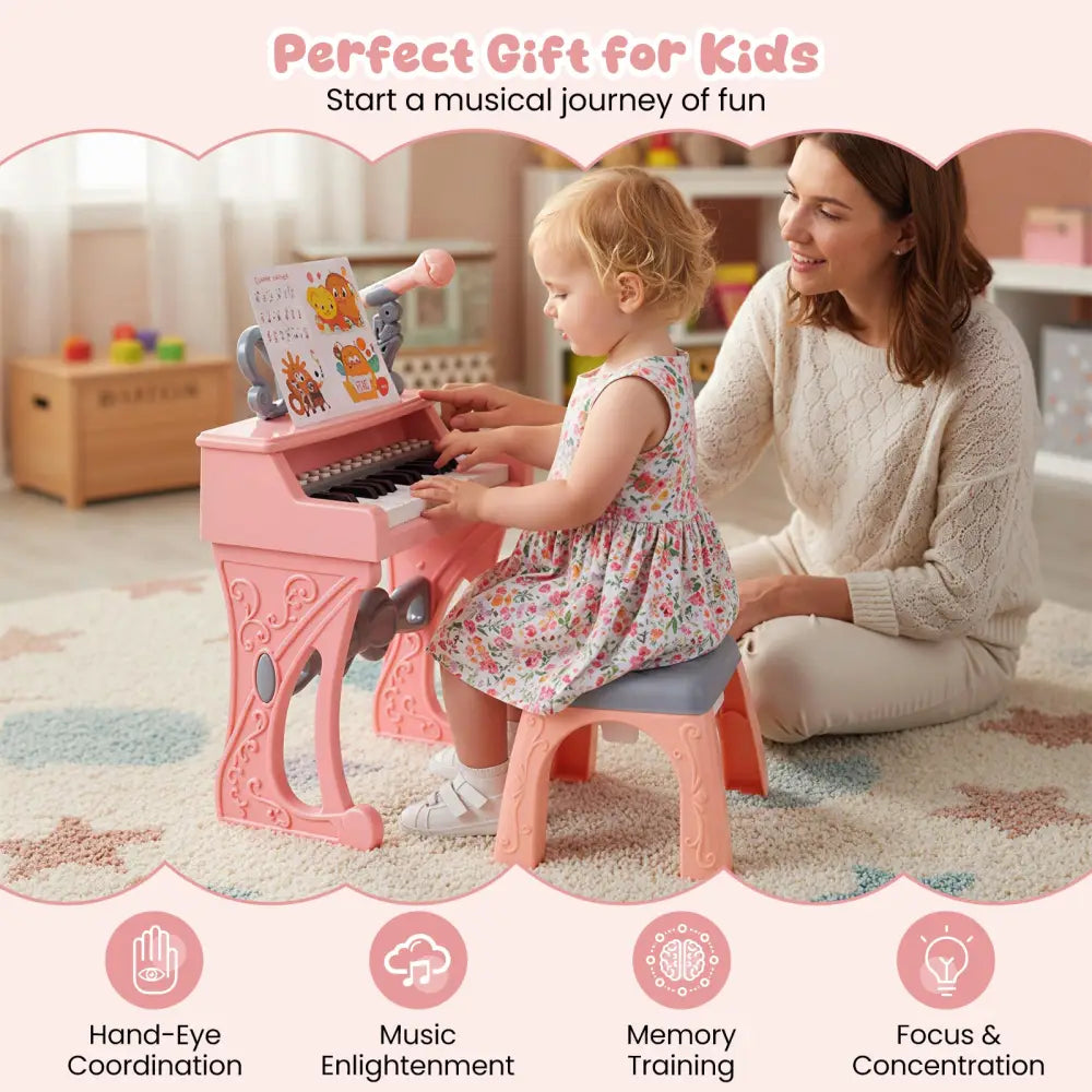 Mini Keyboard Piano for Kids 25 Keys Electric Piano with Stool for Toddlers 3+ Years Old-Pink - Pink - Pianos &