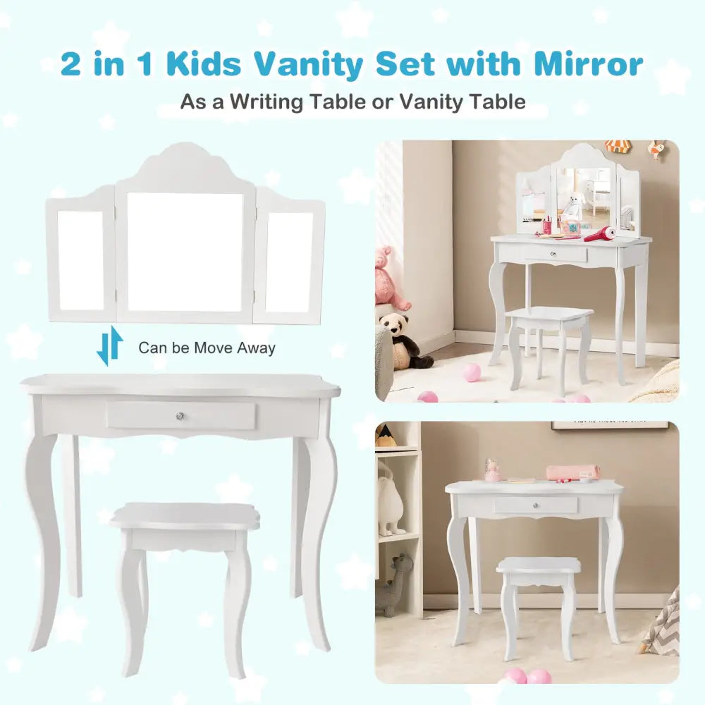 Mini Makeup Dressing Mirror Vanity Table Stool Set - White - Kids Vanities