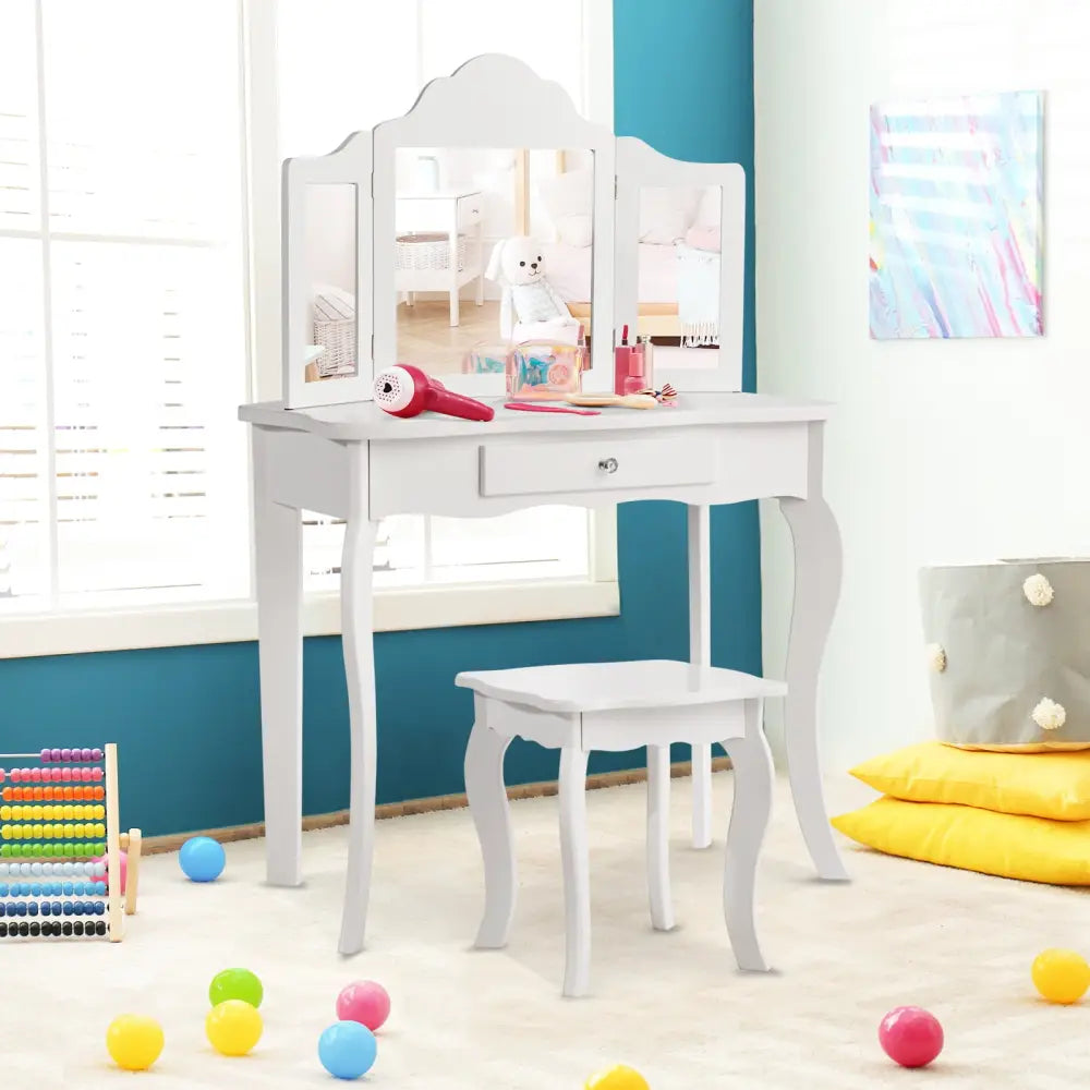 Mini Makeup Dressing Mirror Vanity Table Stool Set - White - Kids Vanities