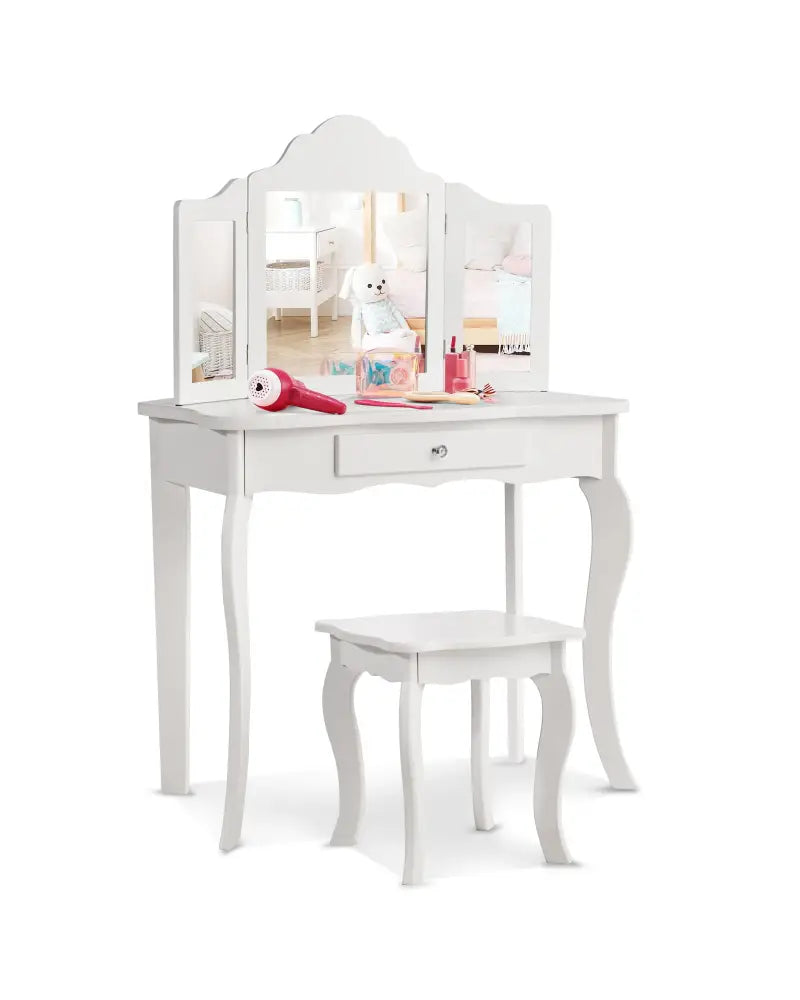 Mini Makeup Dressing Mirror Vanity Table Stool Set - White - Kids Vanities
