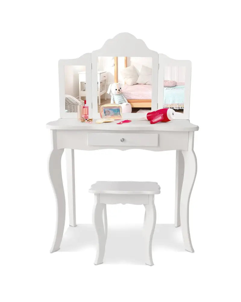 Mini Makeup Dressing Mirror Vanity Table Stool Set - White - Kids Vanities