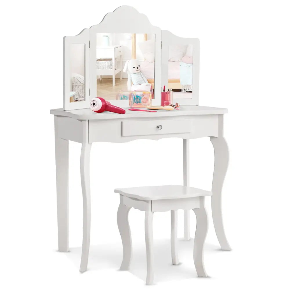 Mini Makeup Dressing Mirror Vanity Table Stool Set - White - Kids Vanities