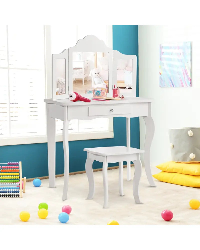 Mini Makeup Dressing Mirror Vanity Table Stool Set - White - Kids Vanities
