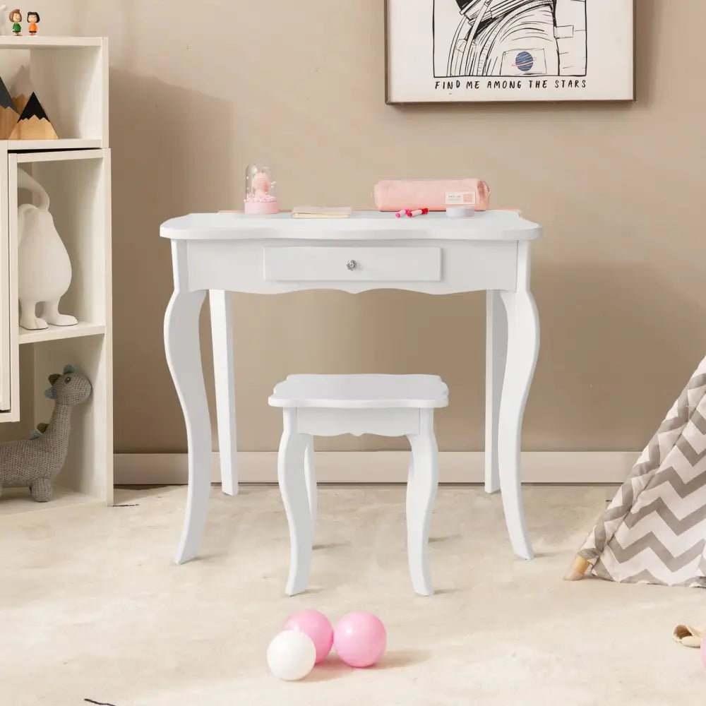 Mini Makeup Dressing Mirror Vanity Table Stool Set - White - Kids Vanities