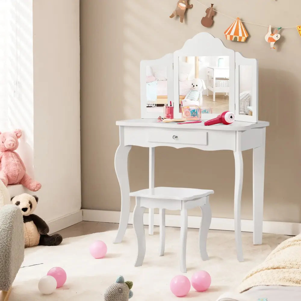 Mini Makeup Dressing Mirror Vanity Table Stool Set - White - Kids Vanities