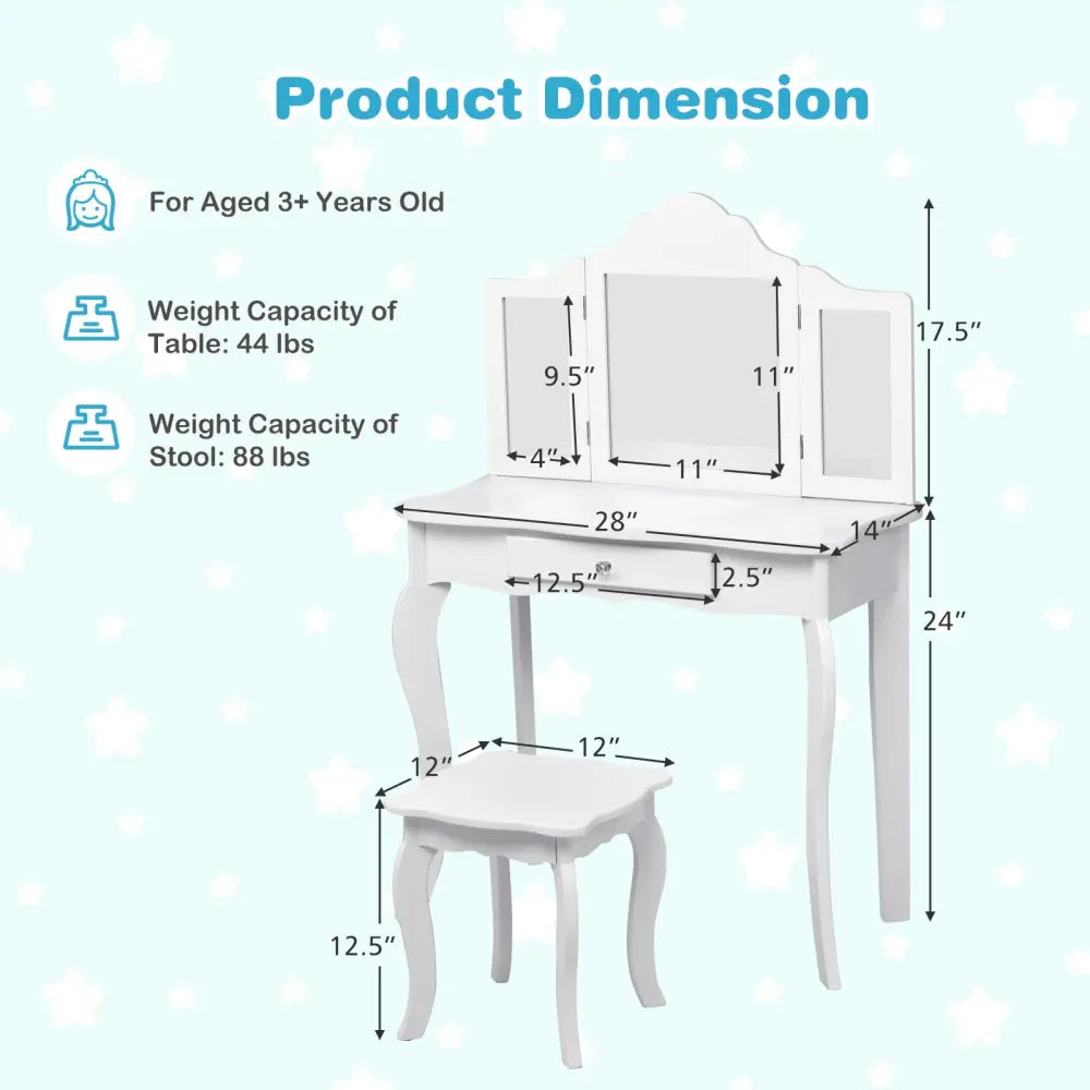 Mini Makeup Dressing Mirror Vanity Table Stool Set - White - Kids Vanities