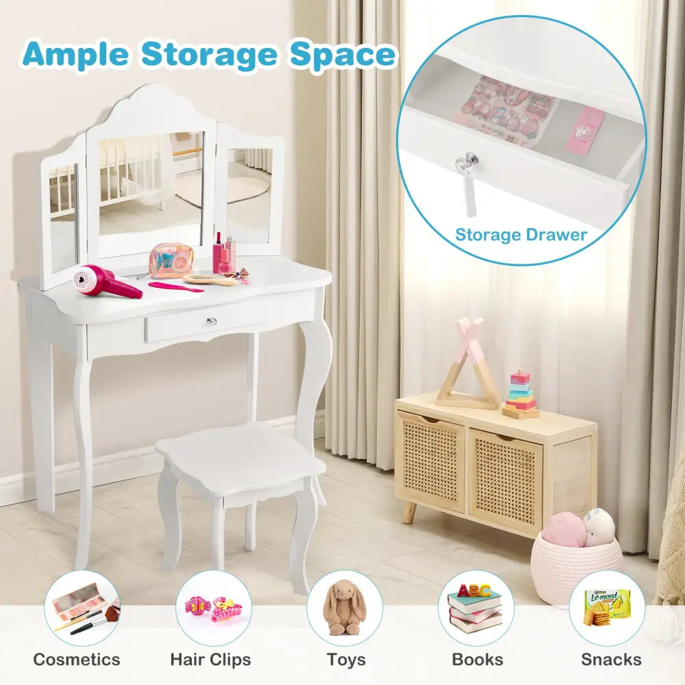 Mini Makeup Dressing Mirror Vanity Table Stool Set - White - Kids Vanities