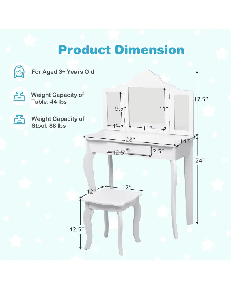Mini Makeup Dressing Mirror Vanity Table Stool Set - White - Kids Vanities