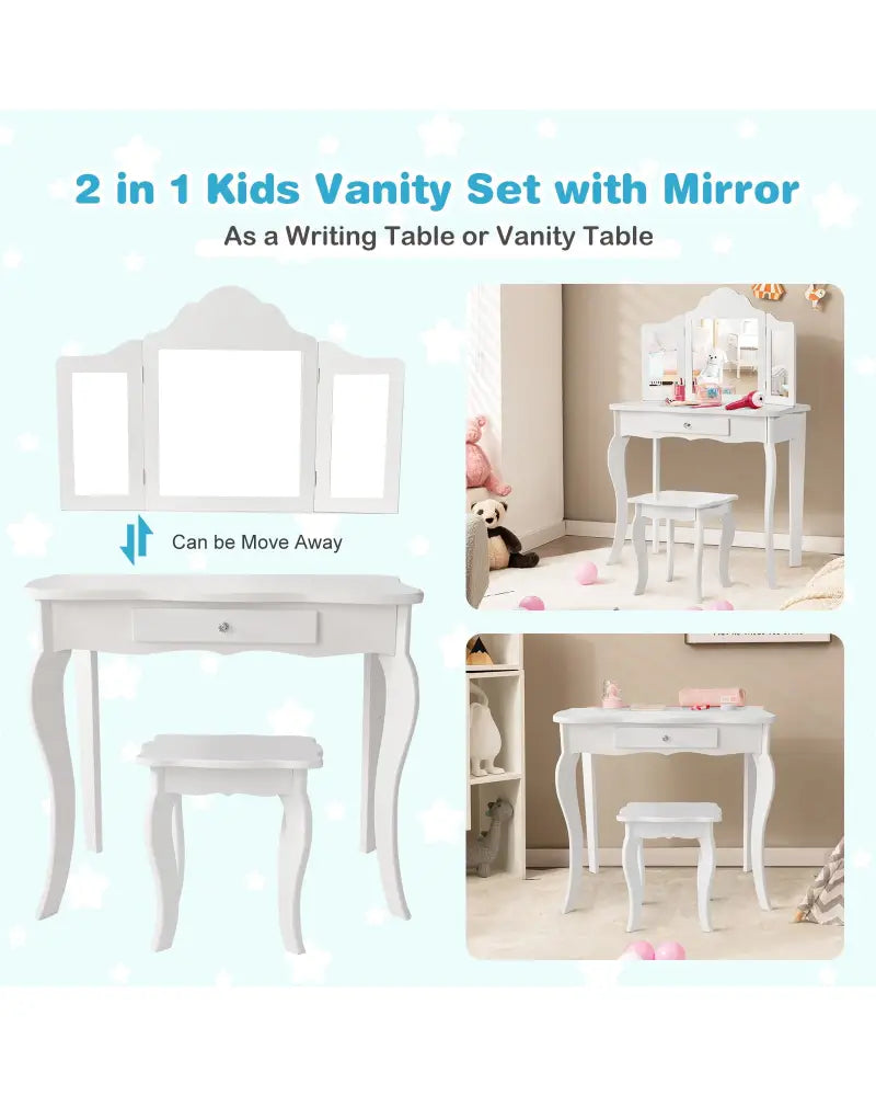 Mini Makeup Dressing Mirror Vanity Table Stool Set - White - Kids Vanities