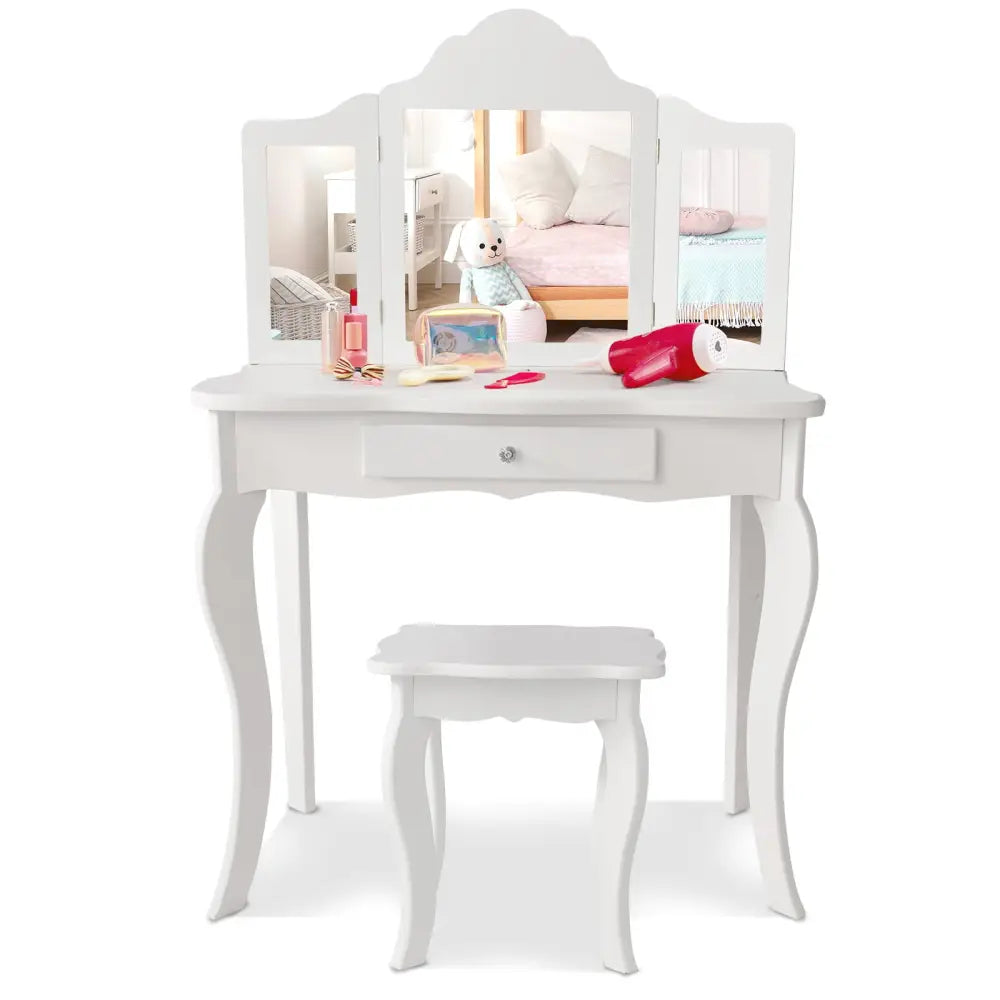 Mini Makeup Dressing Mirror Vanity Table Stool Set - White - Kids Vanities