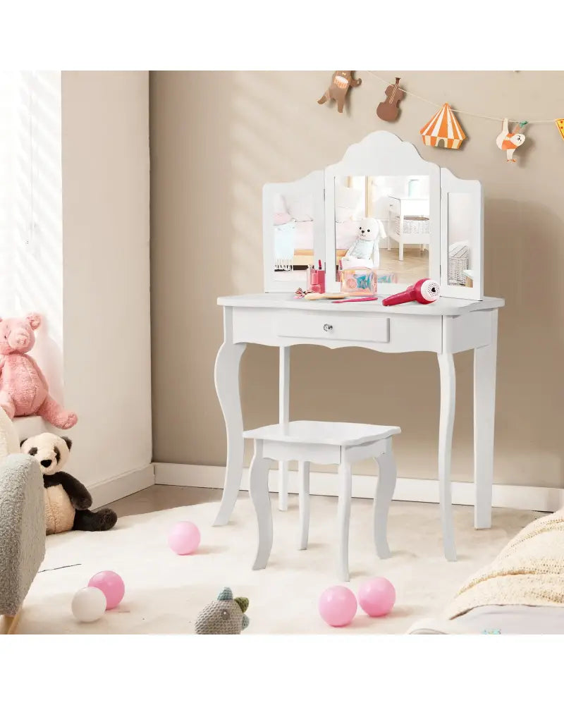 Mini Makeup Dressing Mirror Vanity Table Stool Set - White - Kids Vanities
