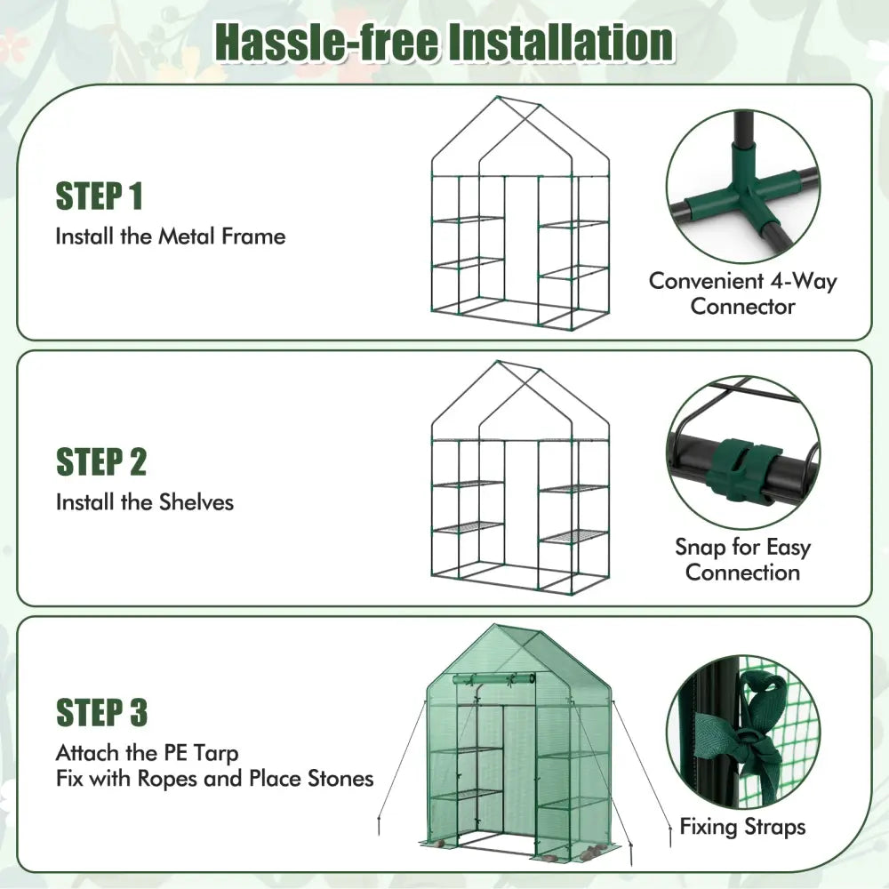 Mini Portable 4 Tier 8 Shelves Walk-in Plant Greenhouse - Green - Greenhouses