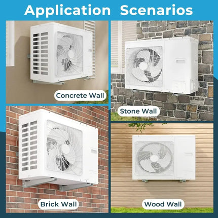 Costway mini-split AC outdoor units installed on concrete, stone, brick, and wood walls showing application scenarios