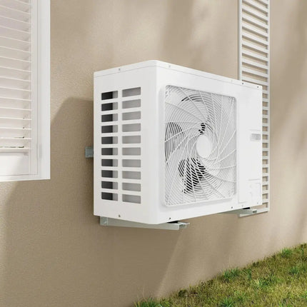 Costway mini-split outdoor AC unit mounted on a beige wall with ventilation grills and fan visible