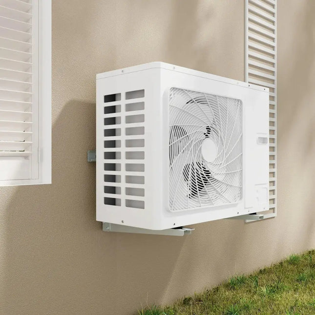 Costway mini-split outdoor AC unit mounted on a beige wall with ventilation grills and fan visible