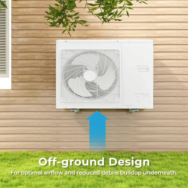 Costway mini-split outdoor AC unit mounted off-ground on wooden wall for better airflow