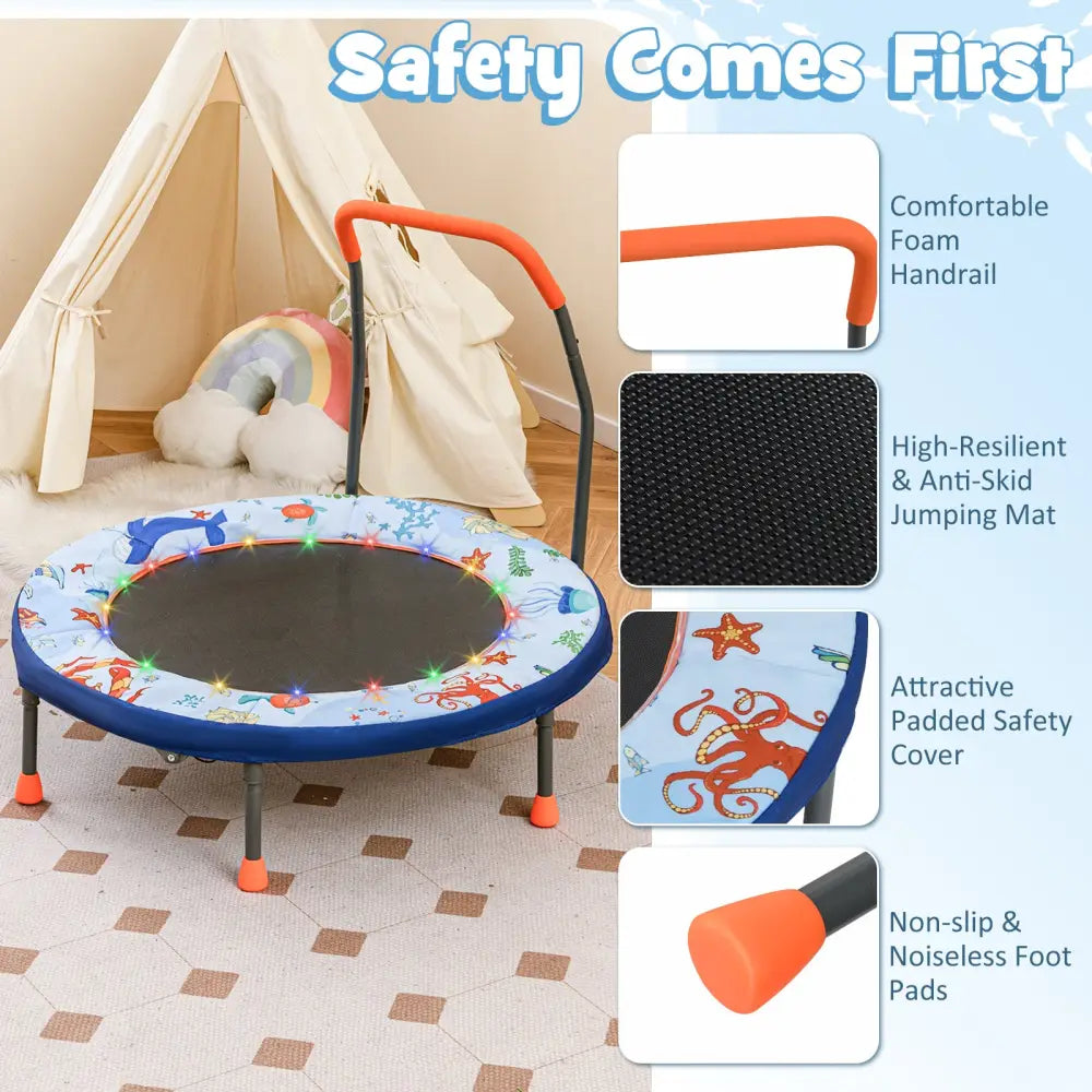 Mini Trampoline Folding Small Rebounder for Kids with Lights-Blue - Blue - Trampolines