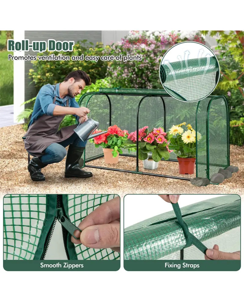 Mini Tunnel Greenhouse with Roll-up Zipper Door-Green - Green - Greenhouses