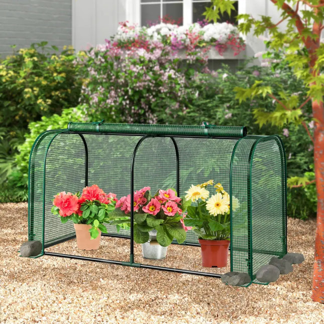 Mini Tunnel Greenhouse with Roll-up Zipper Door-Green - Green - Greenhouses