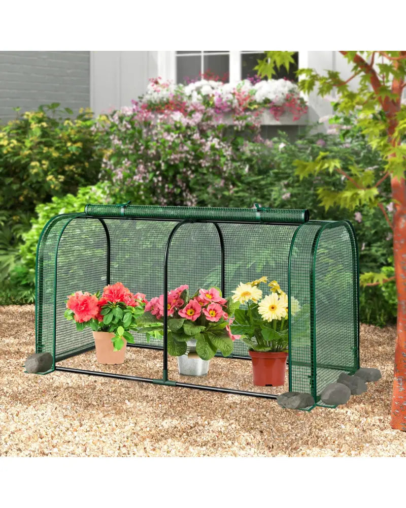 Mini Tunnel Greenhouse with Roll-up Zipper Door-Green - Green - Greenhouses