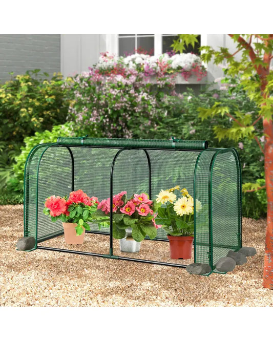 Mini Tunnel Greenhouse with Roll-up Zipper Door-Green - Green - Greenhouses