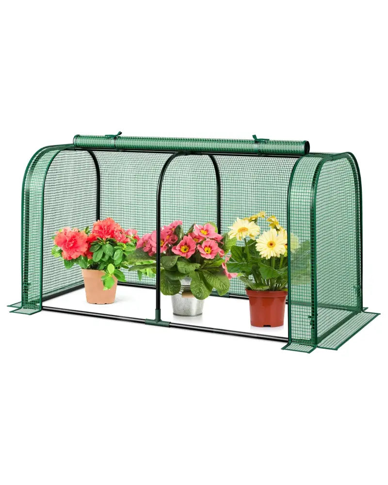 Mini Tunnel Greenhouse with Roll-up Zipper Door-Green - Green - Greenhouses