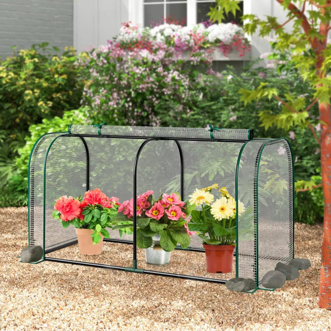 Mini Tunnel Greenhouse with Roll-up Zipper Door-White - White - Greenhouses