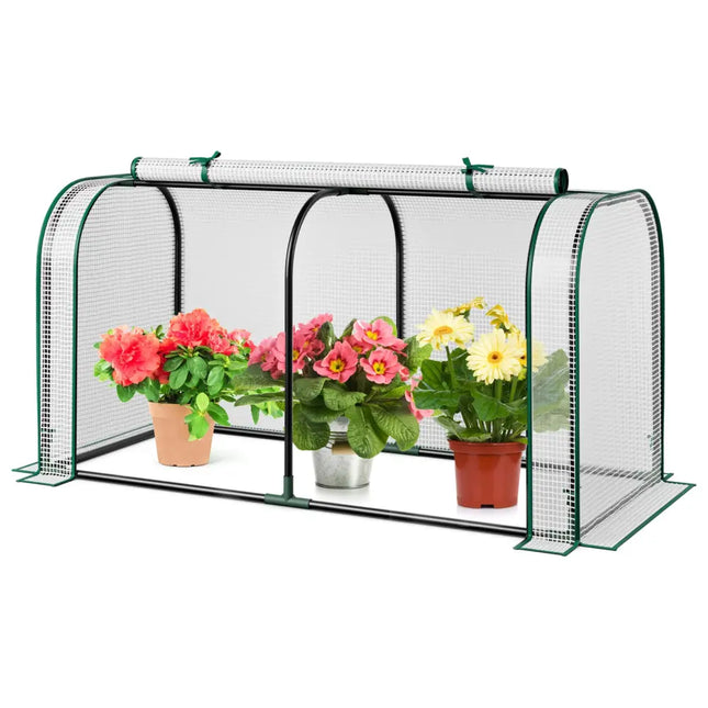 Mini Tunnel Greenhouse with Roll-up Zipper Door-White - White - Greenhouses