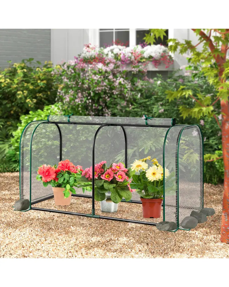 Mini Tunnel Greenhouse with Roll-up Zipper Door-White - White - Greenhouses