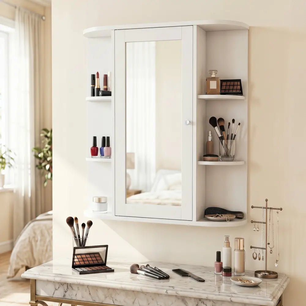 Mirrored Bathroom Medicine Cabinet with Single Mirror Door and Adjustable Shelf-White - White - Wall Cabinets