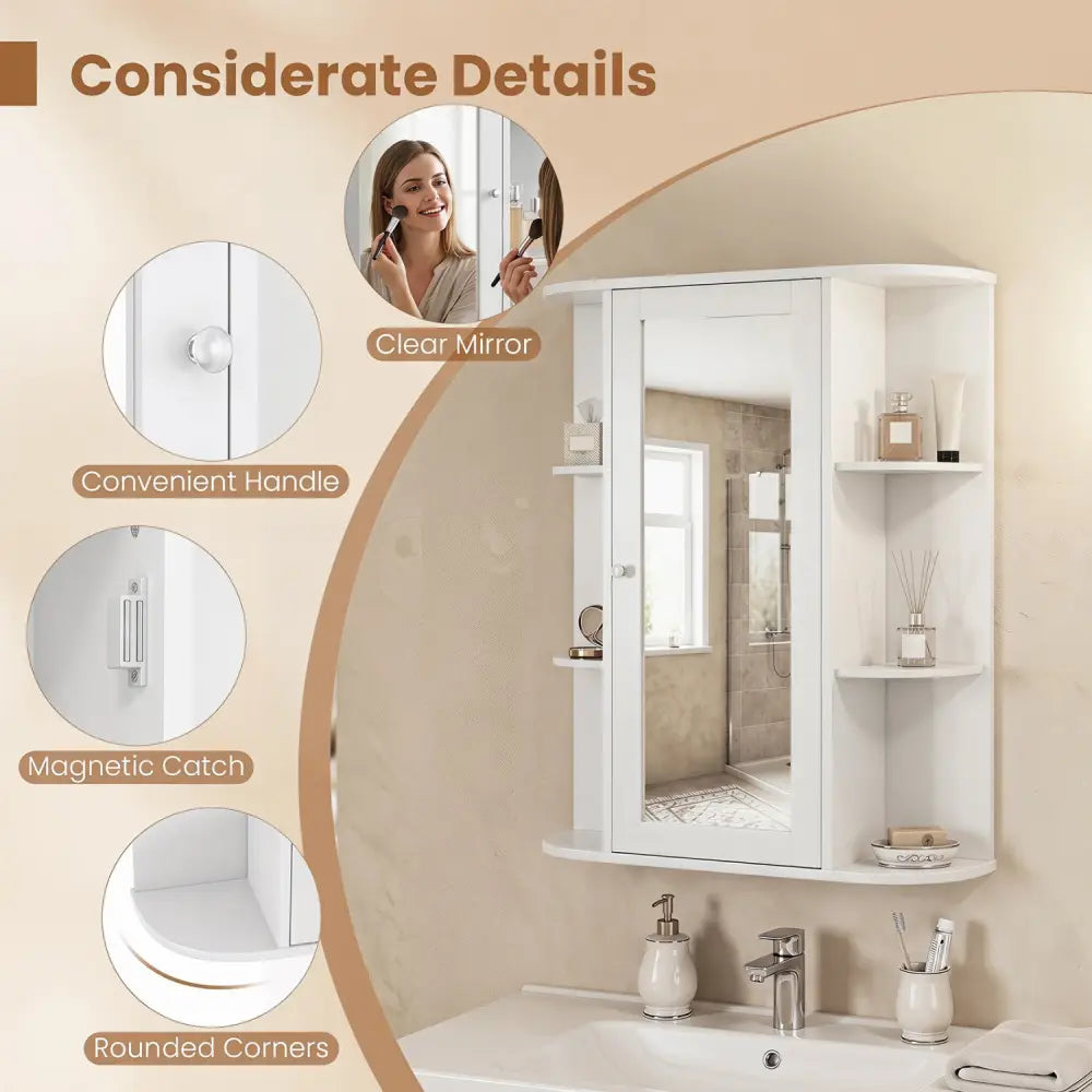 Mirrored Bathroom Medicine Cabinet with Single Mirror Door and Adjustable Shelf-White - White - Wall Cabinets