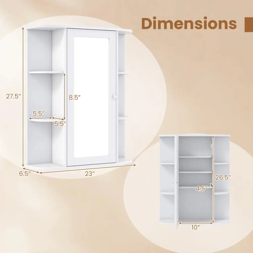 Mirrored Bathroom Medicine Cabinet with Single Mirror Door and Adjustable Shelf-White - White - Wall Cabinets
