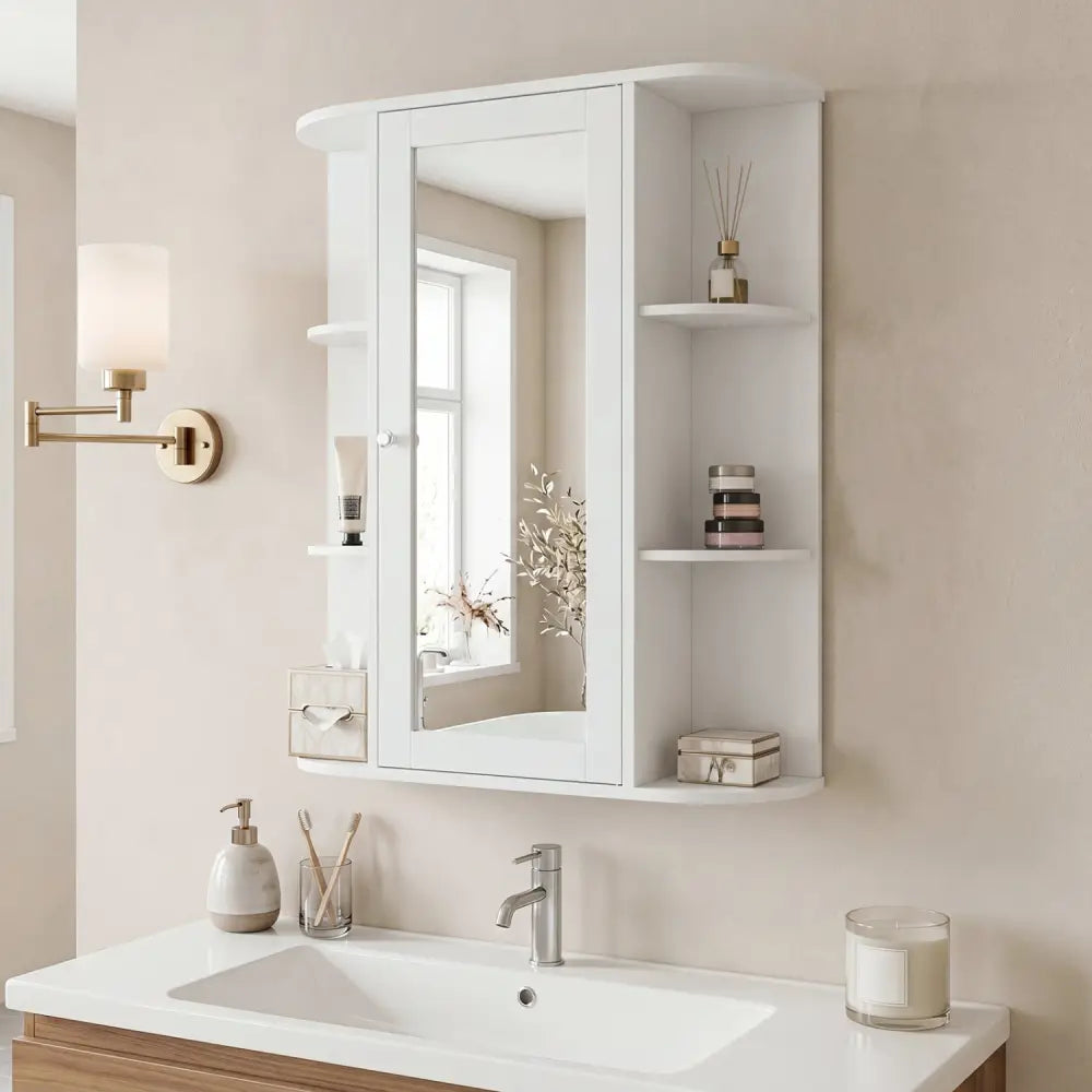 Mirrored Bathroom Medicine Cabinet with Single Mirror Door and Adjustable Shelf-White - White - Wall Cabinets