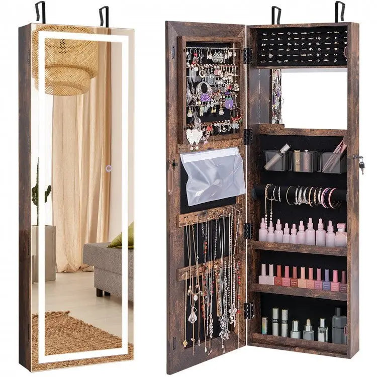 Mirrored Jewelry Armoire with Full Length Mirror and 2 Internal LED Lights - Rustic Brown - Oasis Home Essentials