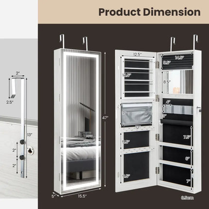 Mirrored Jewelry Armoire with Full Length Mirror and 2 Internal LED Lights-White - White - Jewelry Armoires