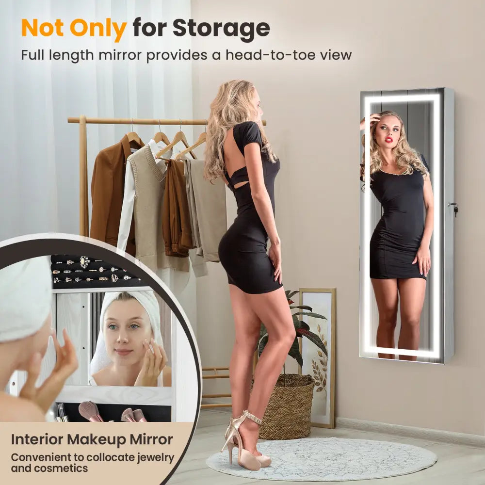 Mirrored Jewelry Armoire with Full Length Mirror and 2 Internal LED Lights-White - White - Jewelry Armoires