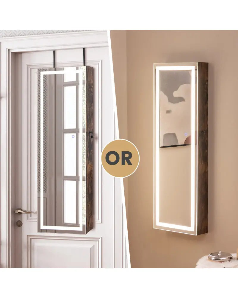 Mirrored Jewelry Armoire with Full Length Mirror and 2 Internal LED Lights-Rustic Brown - Rustic Brown - Jewelry