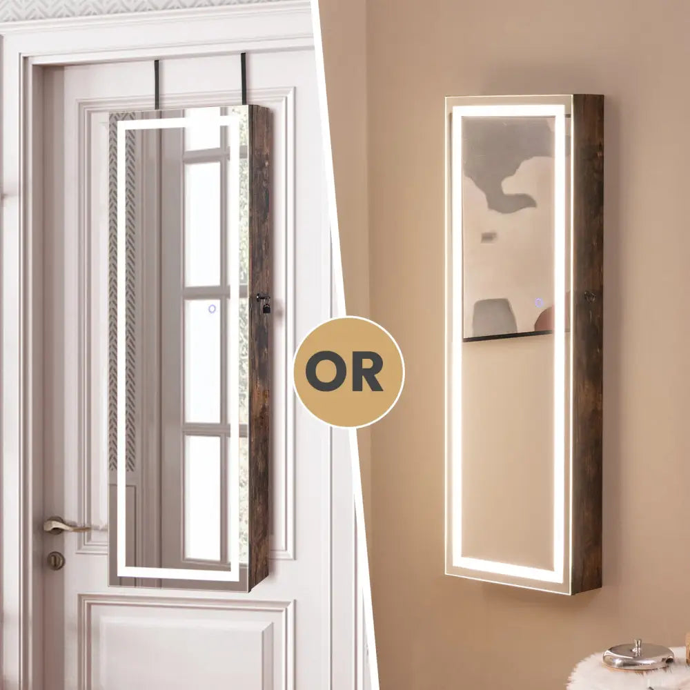 Mirrored Jewelry Armoire with Full Length Mirror and 2 Internal LED Lights-Rustic Brown - Rustic Brown - Jewelry