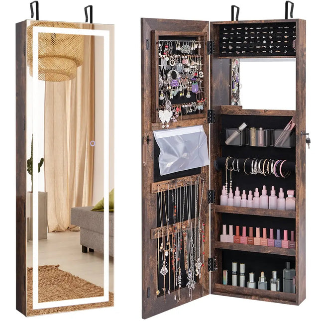 Mirrored Jewelry Armoire with Full Length Mirror and 2 Internal LED Lights-Rustic Brown - Rustic Brown - Jewelry