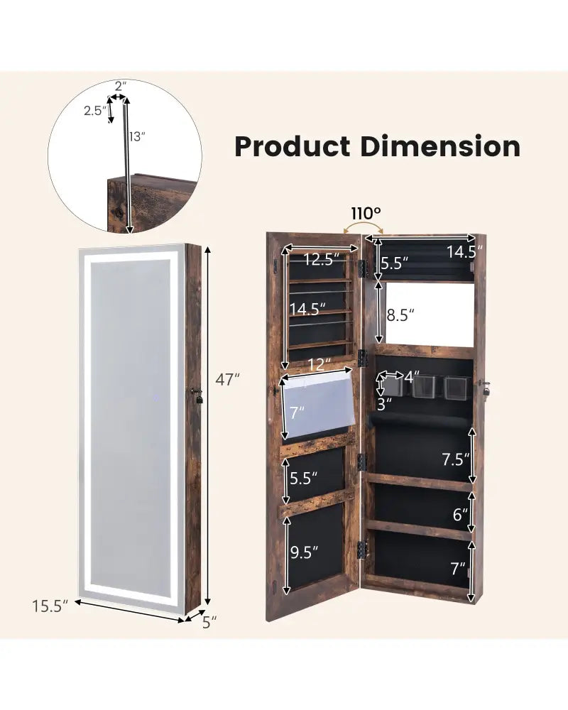 Mirrored Jewelry Armoire with Full Length Mirror and 2 Internal LED Lights-Rustic Brown - Rustic Brown - Jewelry