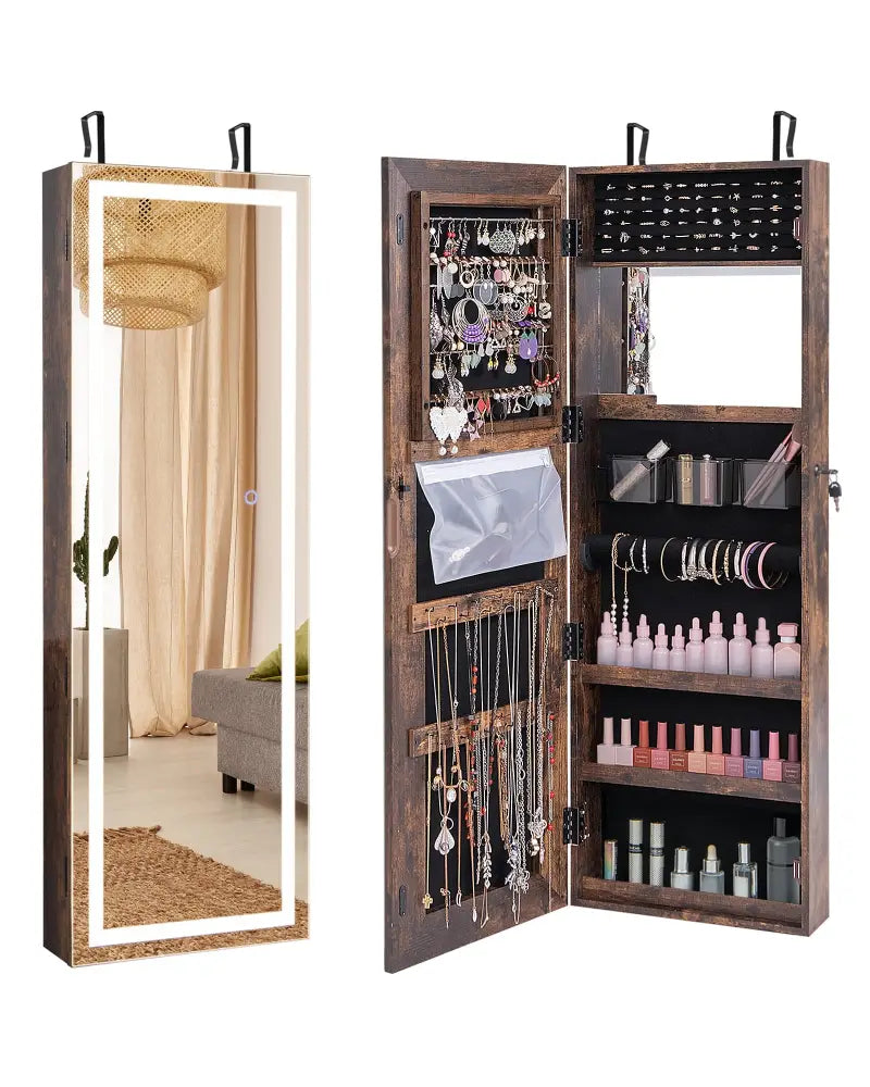 Mirrored Jewelry Armoire with Full Length Mirror and 2 Internal LED Lights-Rustic Brown - Rustic Brown - Jewelry
