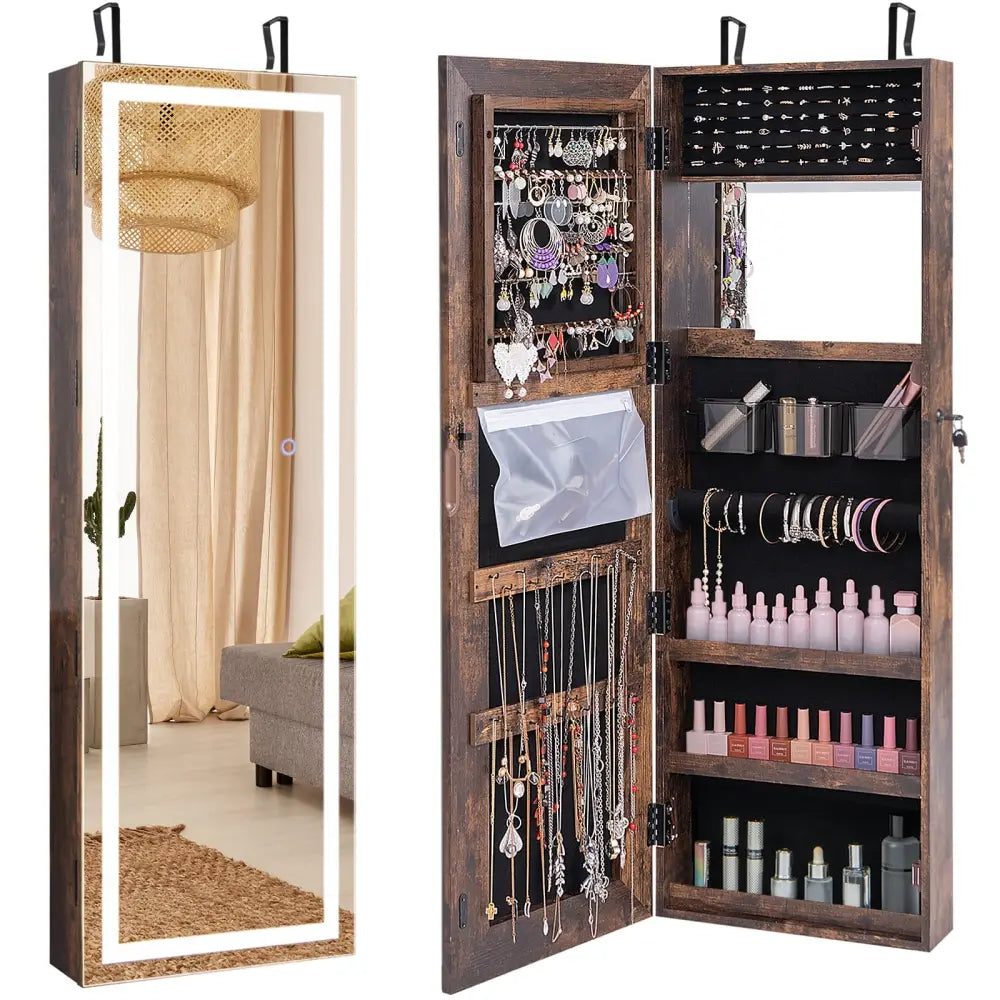 Mirrored Jewelry Armoire with Full Length Mirror and 2 Internal LED Lights-Rustic Brown - Rustic Brown - Jewelry