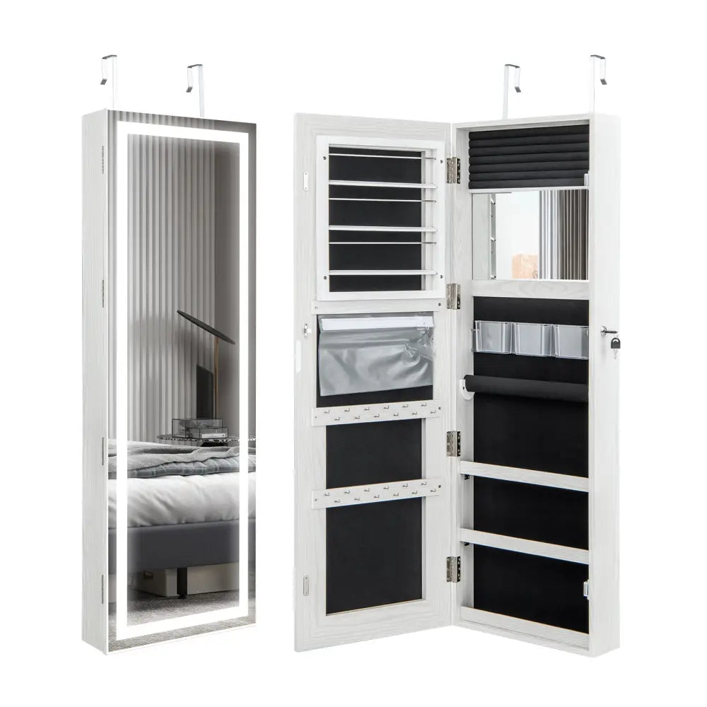 Mirrored Jewelry Armoire with Full Length Mirror and 2 Internal LED Lights-White - White - Jewelry Armoires