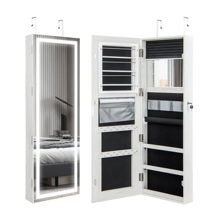 Mirrored Jewelry Armoire with Full Length Mirror and 2 Internal LED Lights-White - White - Jewelry Armoires